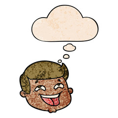happy cartoon male face and thought bubble in grunge texture pattern style
