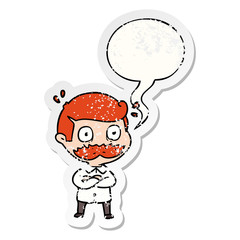 cartoon man and mustache shocked and speech bubble distressed sticker