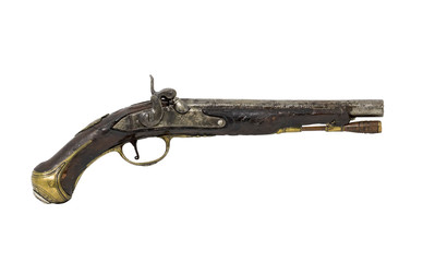 Old beautiful vintage pistol isolated on white background 