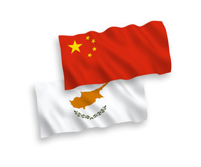 National vector fabric wave flags of Cyprus and China isolated on white background 1 to 2 proportion.
