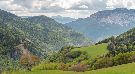 French landscape - Vercors. Panoramic view over the peaks of the Vercors in France.