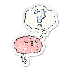cartoon curious brain and thought bubble as a distressed worn sticker
