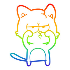 rainbow gradient line drawing tired cartoon cat rubbing eyes