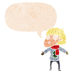 cartoon surprised christmas person and speech bubble in retro textured style