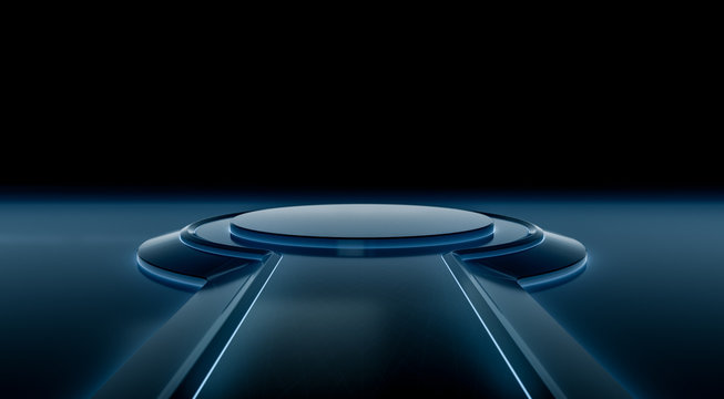 Futuristic interior with empty stage. Modern blank platform Future background. Technology Sci-fi hi tech concept. 3d rendering