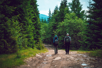 Two friends travel in the mountains with backpacks