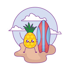 pineapple fruit with surfboard in beach kawaii