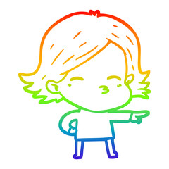 rainbow gradient line drawing cartoon woman pointing