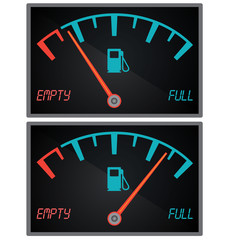 Gas gauge. Fuel indicator. Fuel gauge. Indicator fuel icon. Gas meter. Fuel sensor. Car dashboard. Vector illustration.