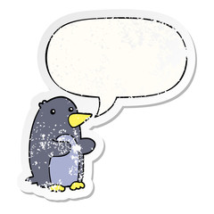 cartoon penguin and speech bubble distressed sticker