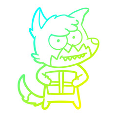 cold gradient line drawing cartoon grinning fox with present