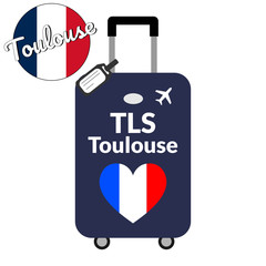 Luggage with airport station code IATA or location identifier and destination city name Toulouse, TLS. Travel to France, Europe concept. Heart shaped flag of the France on baggage.