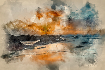 Digital watercolor painting of Stunning sunset landscape image of Freshwater West beach on Pembrokeshire Coast in Wales