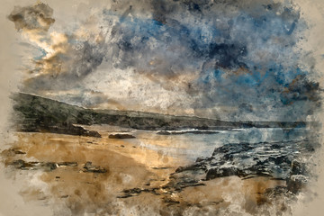 Digital watercolor painting of Beautiful sunrise landscape of Godrevy on Cornwall coastline in England
