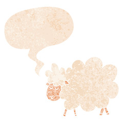 cartoon sheep and speech bubble in retro textured style