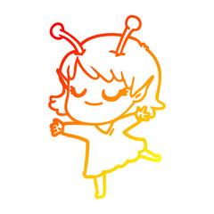 warm gradient line drawing smiling alien girl cartoon dancing