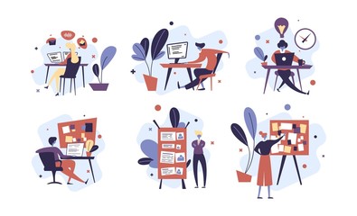 Collection of people successfully organizing their tasks and appointments. Set of scenes with efficient and effective time management and multitasking at work. Flat cartoon vector illustration.