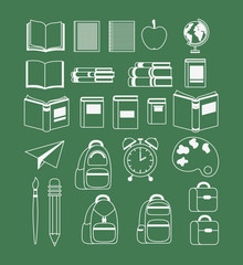 set of supplies drawing in chalkboard back to school