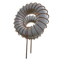 Toroidal Coil Inductor 3d render illustration. Copper wire winding. Magnetic ferrite core.
