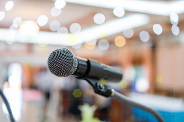 Microphone abstract prepare for speaker speech of conference or seminar hall at exhibition room background. Business Talk Presentation concept