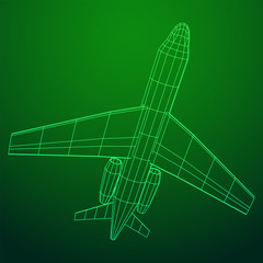 Private Jet Plane Abstract polygonal wireframe business luxury twin engine airplane. Travel aircraft, tourism and vacation concept. Wireframe low poly mesh vector illustration