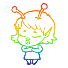 rainbow gradient line drawing cute alien girl cartoon