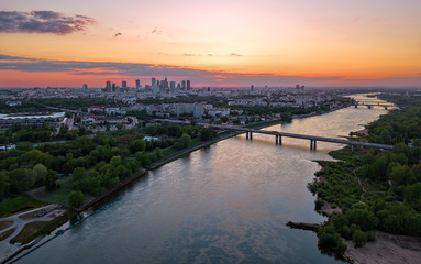 Aerial view of Warsaw at sunset
