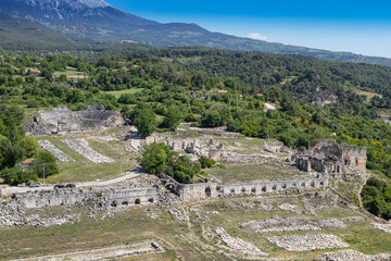 Fototapeta na wymiar Tlos is an ancient ruined Lycian hilltop citadel near the resort town of Fethiye in the Mugla Province of southern Turkey