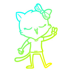 cold gradient line drawing cartoon cat with bow on head giving peace sign