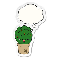 cartoon shrub in pot and thought bubble as a printed sticker