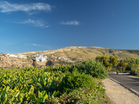Agadir, Tamri, Morocco, North Africa [Moroccan landscape, village mosque in mountains and banana farm field]