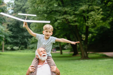 Little boy with airplane model and grandfather raising hands over green park on background enjoying...