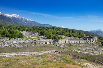 Fototapeta na wymiar Tlos is an ancient ruined Lycian hilltop citadel near the resort town of Fethiye in the Mugla Province of southern Turkey