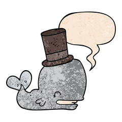 cartoon whale wearing top hat and speech bubble in retro texture style
