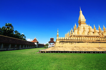 Beautiful great golden Pagoda at Wat Pha That Luang Temple at Vientiane province, Laos