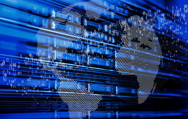 Blade server in rack cluster hard drives storage tapes in internet data center room motion binary and dots globe