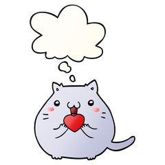 cute cartoon cat in love and thought bubble in smooth gradient style