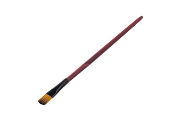 One new clean paint brush with brown wooden handle and synthetic hairs isolated on white background