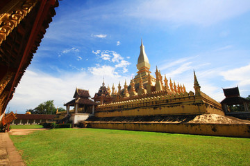 Beautiful great golden Pagoda at Wat Pha That Luang Temple at Vientiane province, Laos