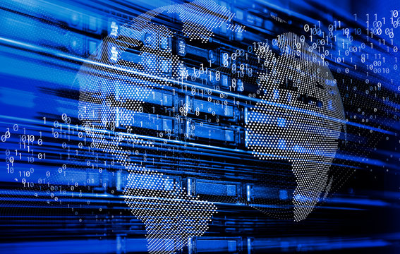 Blade server in rack cluster hard drives storage tapes in internet data center room motion binary and dots globe