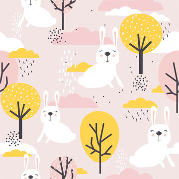 Seamless pattern, rabbits, trees and clouds, hand drawn overlapping backdrop. Colorful background vector. Illustration with animals. Decorative wallpaper, good for printing
