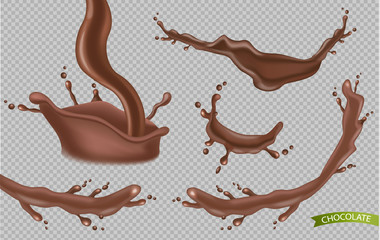 Obraz premium Chocolate splash set collection Vector realistic. Hot chocolate pourring. Dark chocolate waves. Template detailed illustrations for design label, backgrounds, print, projects