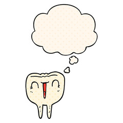 cartoon happy tooth and thought bubble in comic book style