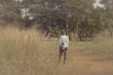 Back view young man on the reed field with pastel tone color