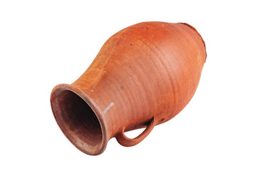 Single antique clay brown weathered and scratched vase with handle isolated on white background