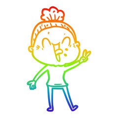 rainbow gradient line drawing cartoon happy old woman