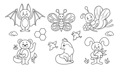 Coloring page set with cute animals: a bat, a butterfly, a bee, a bear, a fox, a bird and a rabbit with a carrot.