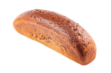 One rectangular whole black loaf with grain isolated on white background