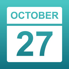 October 27. White calendar on a colored background. Day on the calendar. Twenty seventh of october. Blue green background with gradient. 