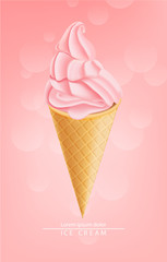 Strawberry ice cream cone Vector realistic. Swirled smooth creamy toppings. Fruits splash juicy backgrounds